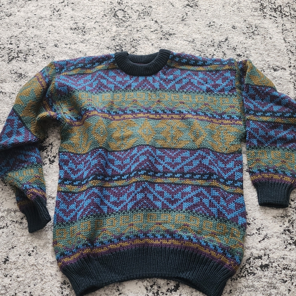 Vintage TRACKER Woven Knit Crewneck Sweater Mens L* 90s Granola Fair Isle